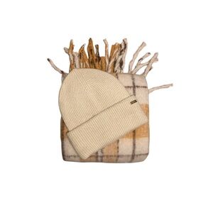 Steve Madden Cream Ribbed Knit Beanie with Plaid Fringe Scarf
